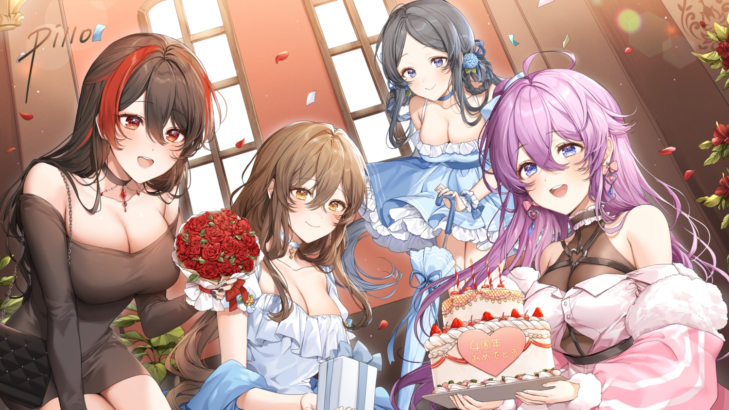 black_hair, blush, brown_eyes, brown_hair, cake, choker, dress, flowers