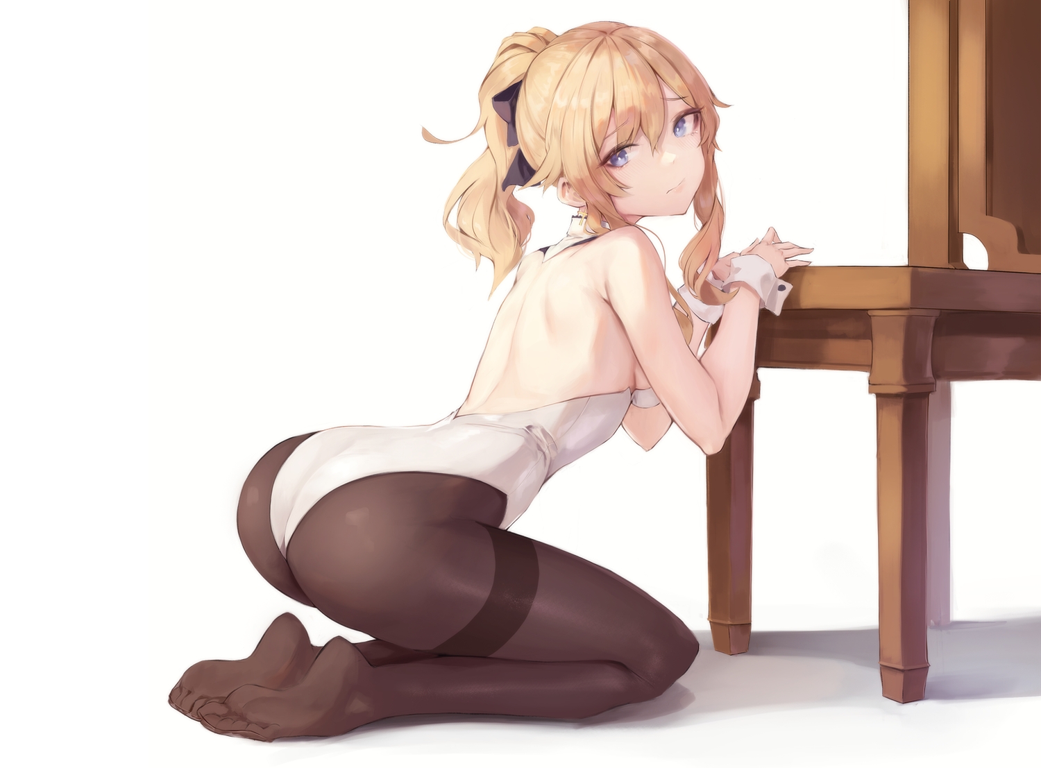 ass, blonde_hair, blue_eyes, blush, genshin_impact, jean_gunnhildr, leotard, leviathan_(hikinito0902), long_hair, ponytail, white, wristwear
