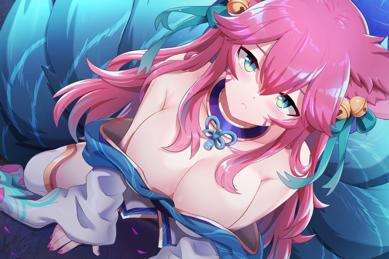 ahri_(league_of_legends), animal_ears, aqua_eyes, bell, blush, foxgirl, japanese_clothes, league_of_legends, long_hair, multiple_tails, no_bra, purple_hair, sollyz, tail, thighhighs