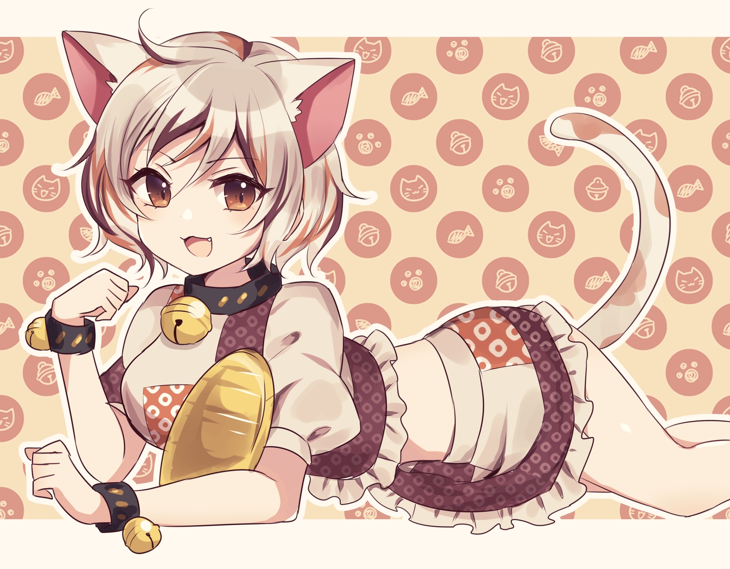 animal_ears, bell, brown_eyes, catgirl, cat_smile, collar, fang, goutokuji_mike, gray_hair, short_hair, skirt, subaru_(subachoco), tail, touhou, wristwear