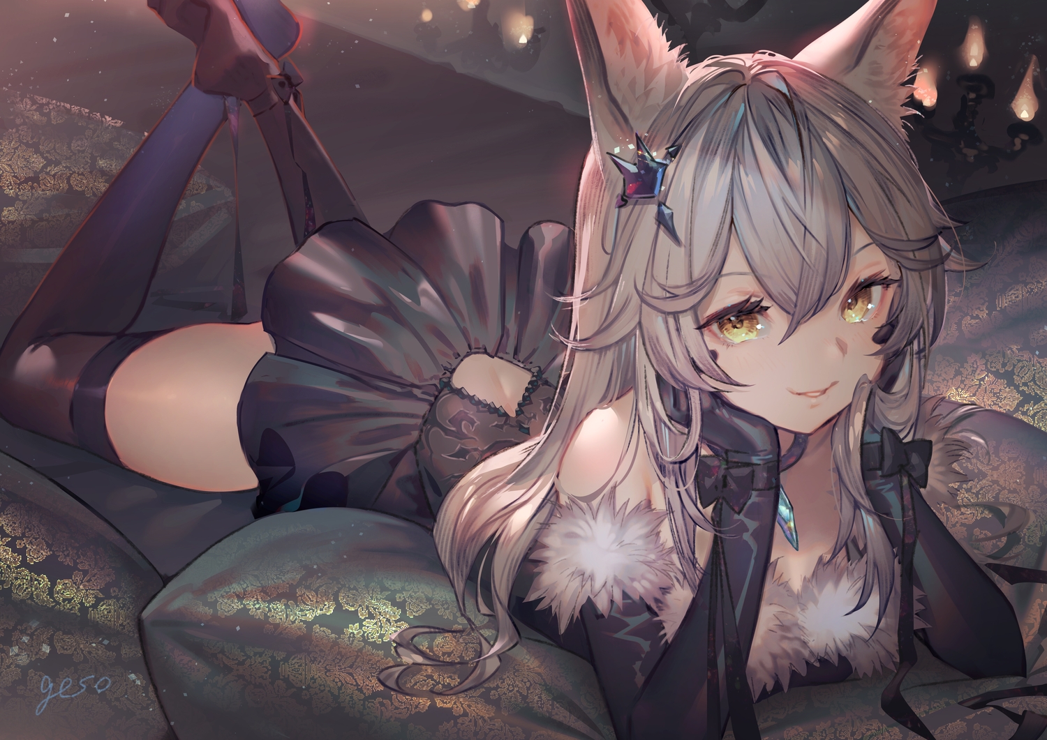 animal_ears, dress, elbow_gloves, gloves, gray_hair, long_hair, original, signed