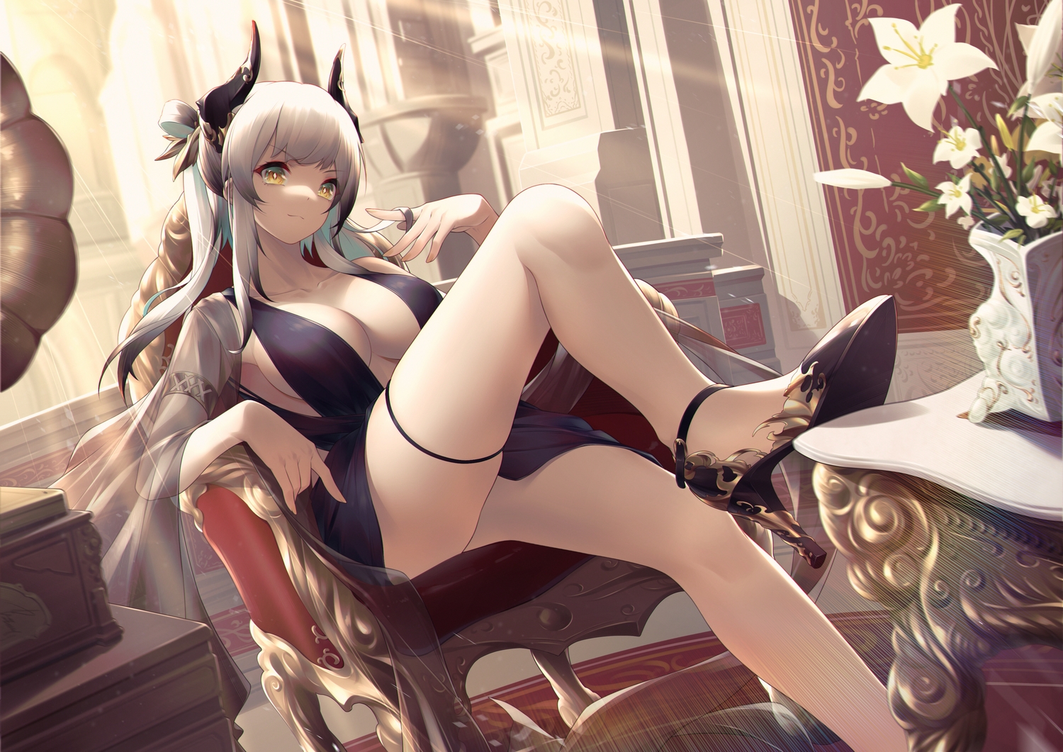 arknights, breasts, cleavage, dress, gray_hair, horns, jiusan_naitan, liskam_(arknights), long_hair