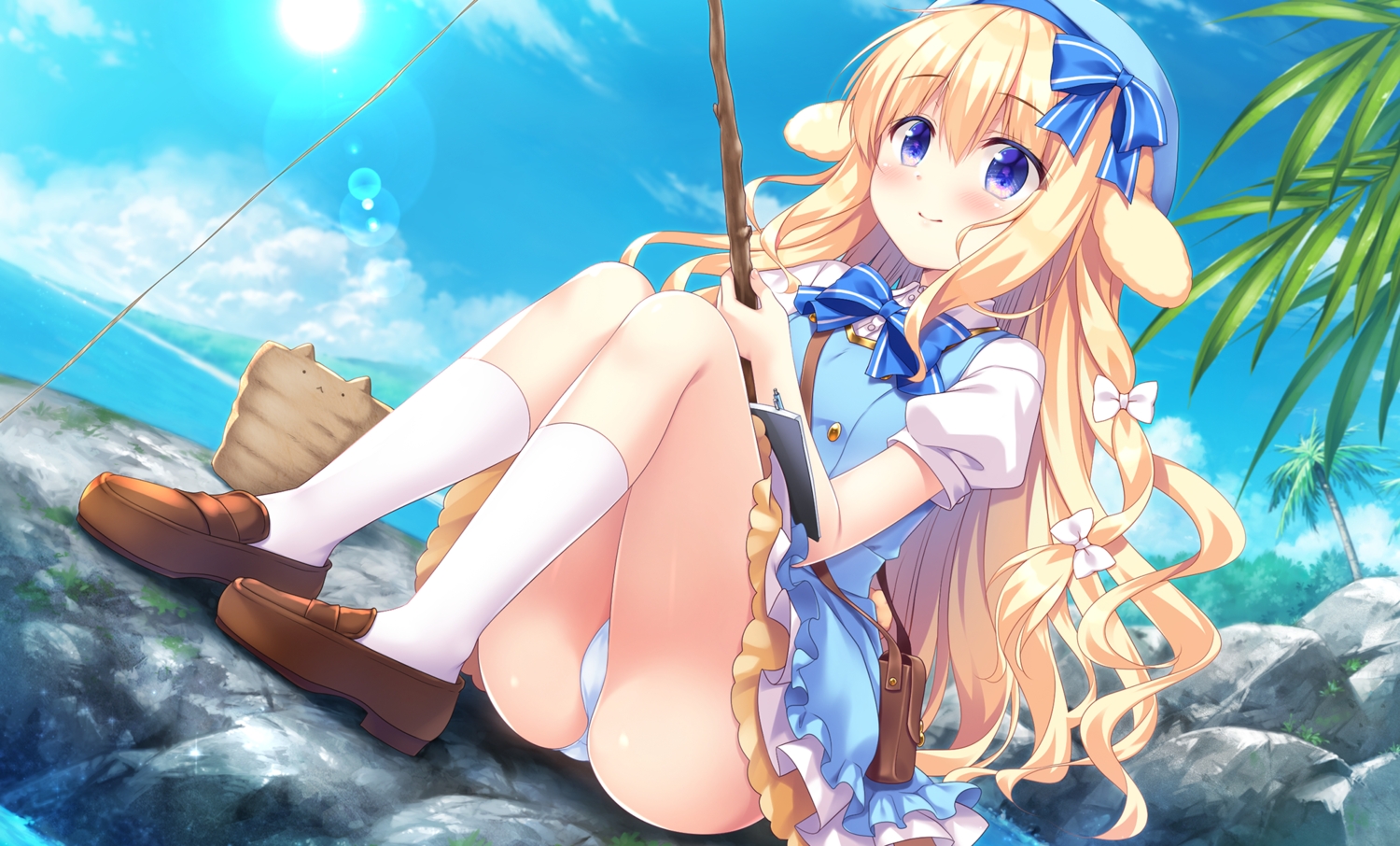 animal_ears, blonde_hair, bow, bunnygirl, clouds, dress, game_cg, island_diary, long_hair, moka_(island_diary), purple_eyes, sasai_saji, sky, tree, water