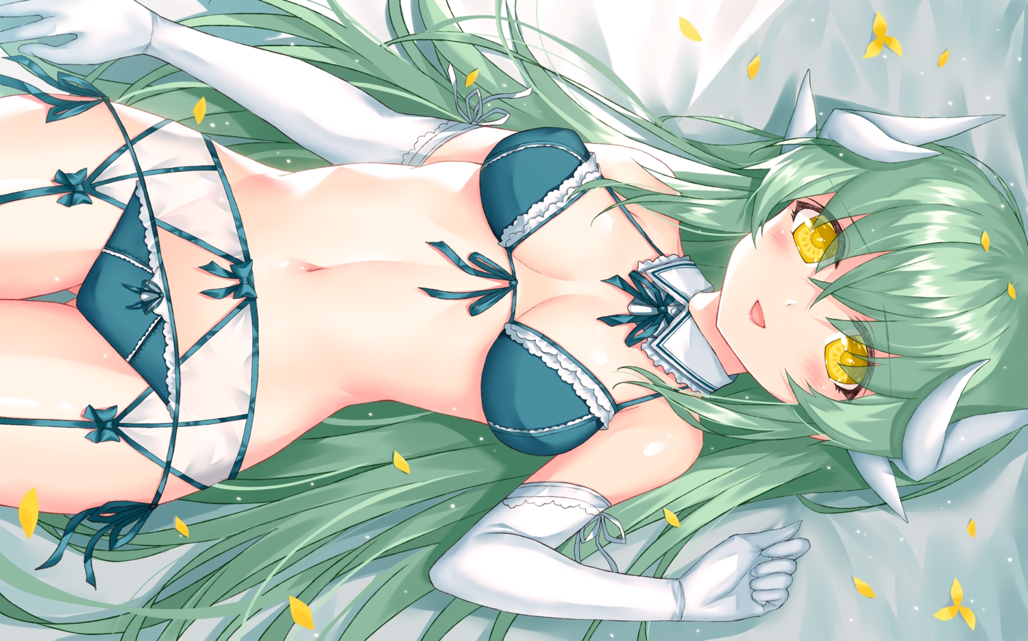 bra, elbow_gloves, fate/grand_order, fate_(series), garter_belt, gloves, green_hair, horns