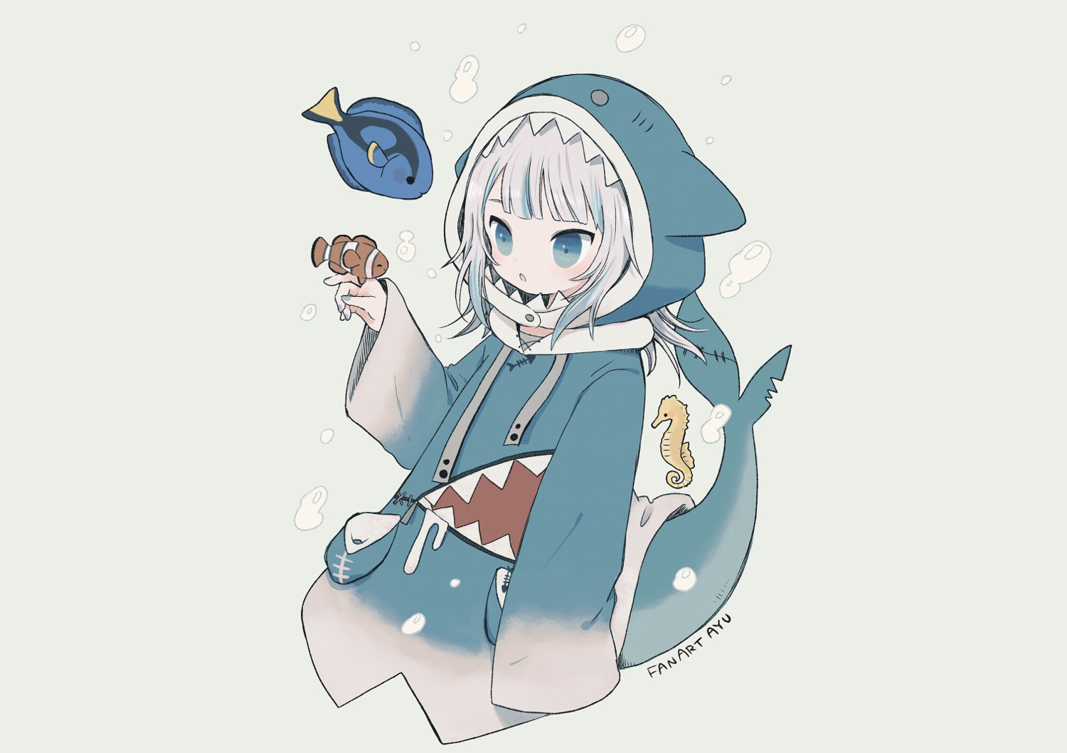aliasing, animal, ayu_(mog), blue_eyes, bubbles, fish, gawr_gura, gray