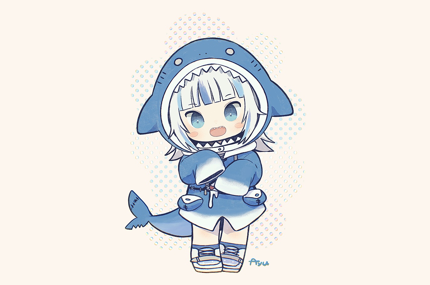 ayu_(mog), blue_eyes, chibi, gawr_gura, gray_hair, hololive, hood, pink
