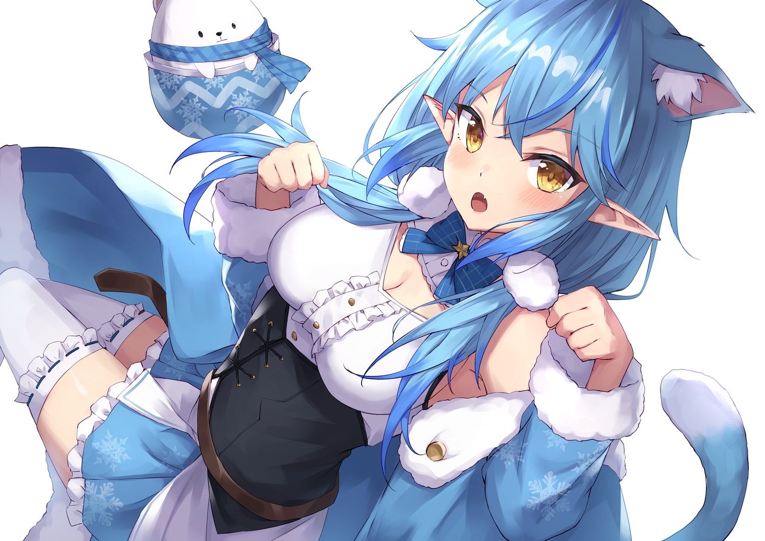 animal_ears, aqua_hair, breasts, catgirl, cleavage, corset, fang, hololive, long_hair, masaki_(msk064), pointed_ears, tail, thighhighs, yellow_eyes, yukihana_lamy, zettai_ryouiki