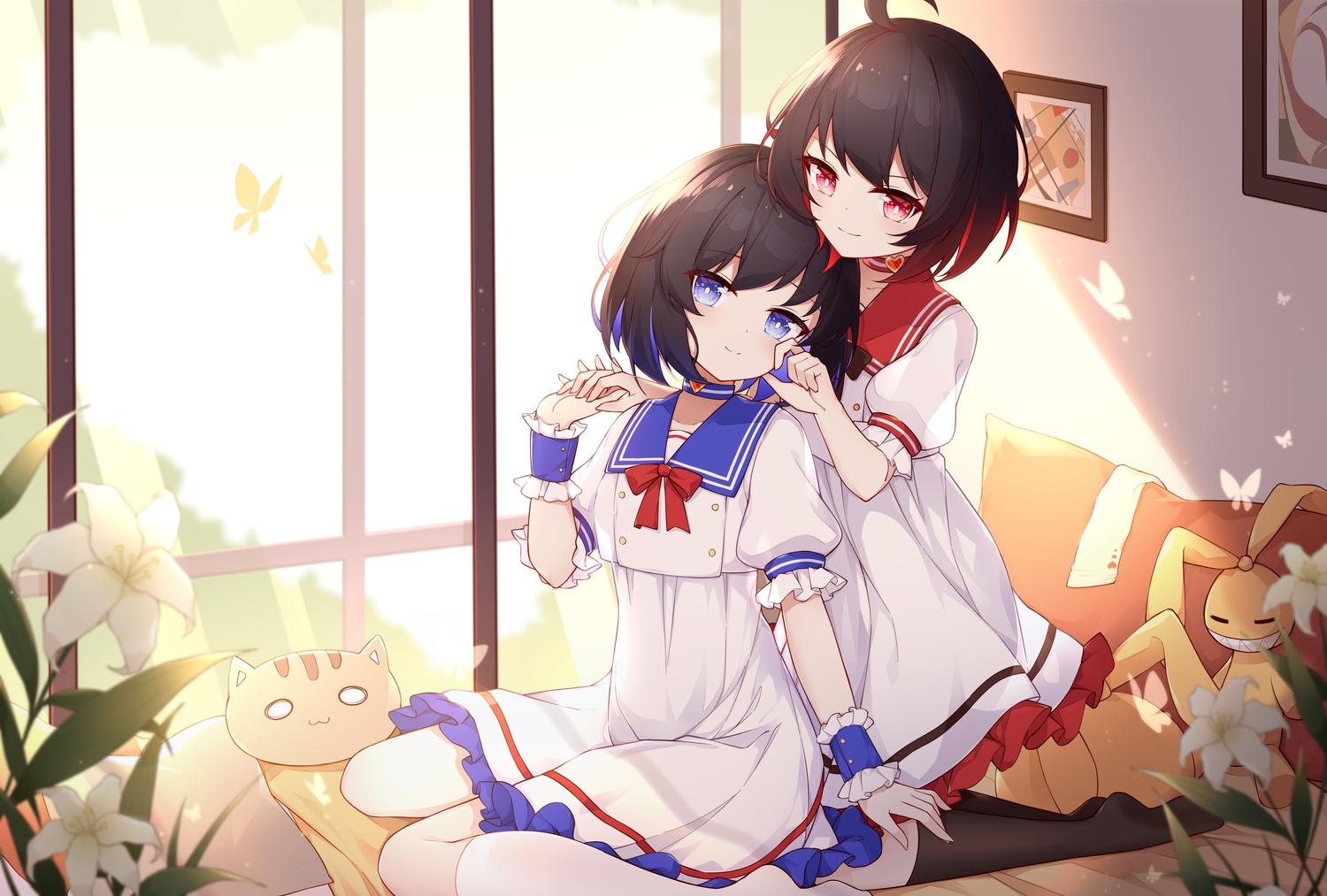 2girls, black_hair, blue_eyes, dress, flowers, honkai_impact, honkai_(series), kneehighs, poinia, red_eyes, seele_vollerei, veliona