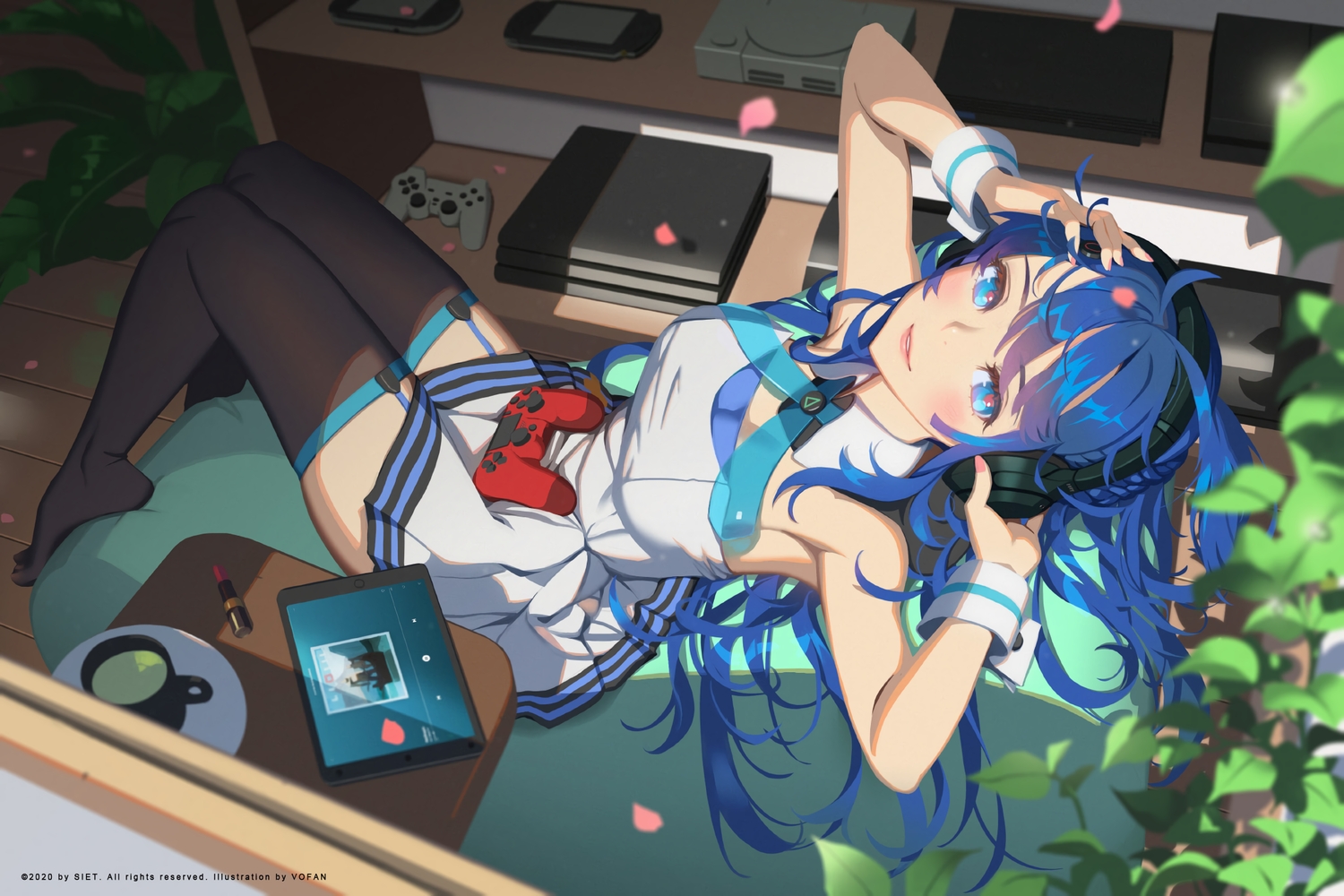 ai-chan_(playstation), aqua_eyes, blue_hair, dress, drink, game_console, garter_belt, headphones