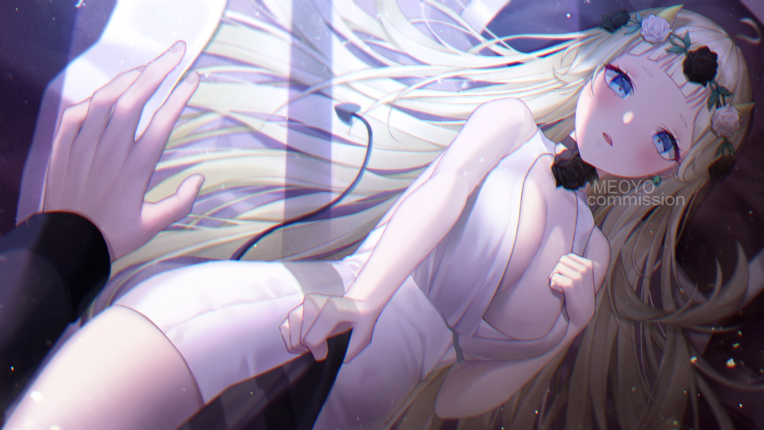 aqua_eyes, blonde_hair, blush, breast_hold, breasts, choker, cleavage, dress