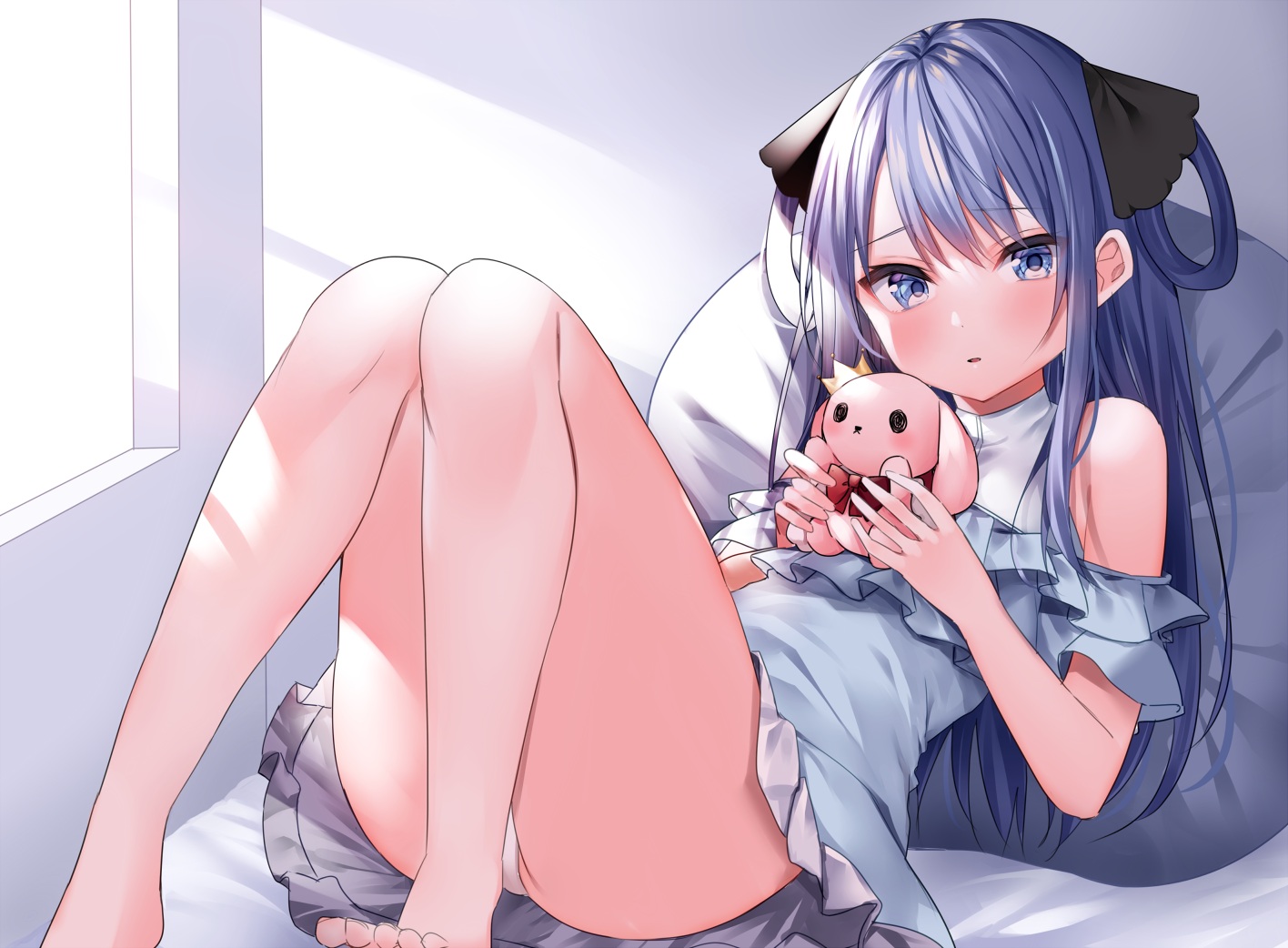 barefoot, blue_eyes, blue_hair, bunny, dress, komomo_(ptkrx), long_hair, original, panties, underwear