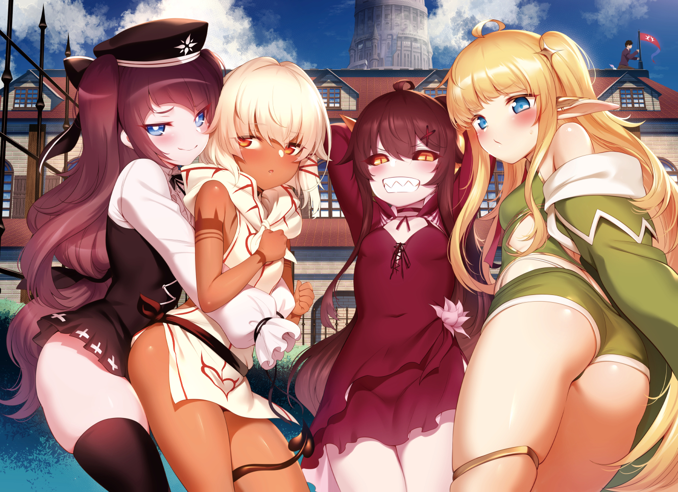 ass, atelier_tanaka, blonde_hair, blue_eyes, blush, bow, brown_hair, building, christina_(atelier_tanaka), clouds, dark_skin, dress, edita_(atelier_tanaka), garter, group, hat, hood, horns, hug, long_hair, male, m-da_s-tarou, orange_eyes, pointed_ears, ponytail, rocoroco, shirt, short_hair, shorts, sky, tagme_(character), thighhighs, twintails, zettai_ryouiki