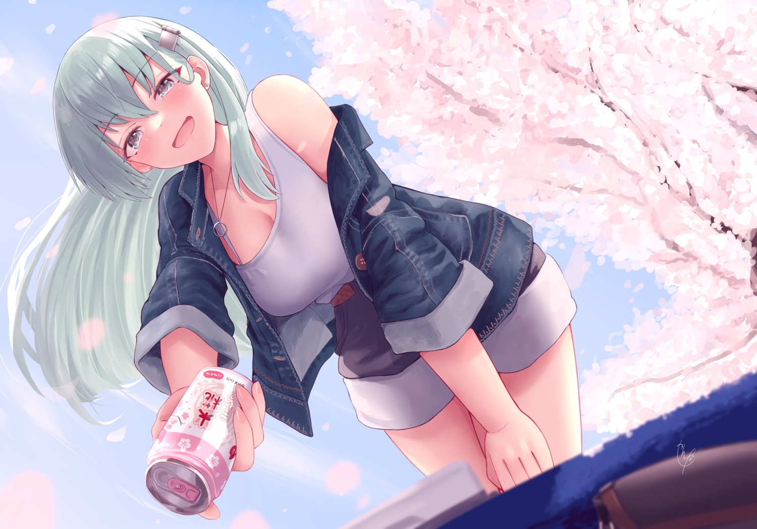 anthropomorphism, blush, breasts, cleavage, drink, green_hair, kantai_collection, long_hair