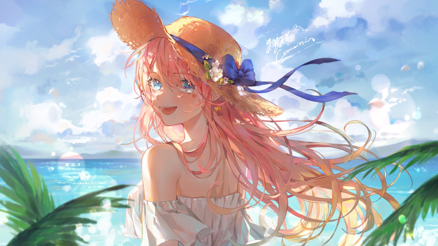 aqua_eyes, bow, close, clouds, hat, long_hair, original, pink_hair