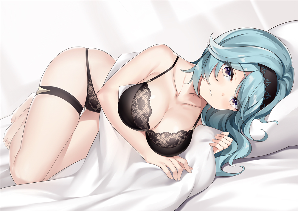bed, bra, breast_hold, eula_lawrence, garter, genshin_impact, headband, long_hair