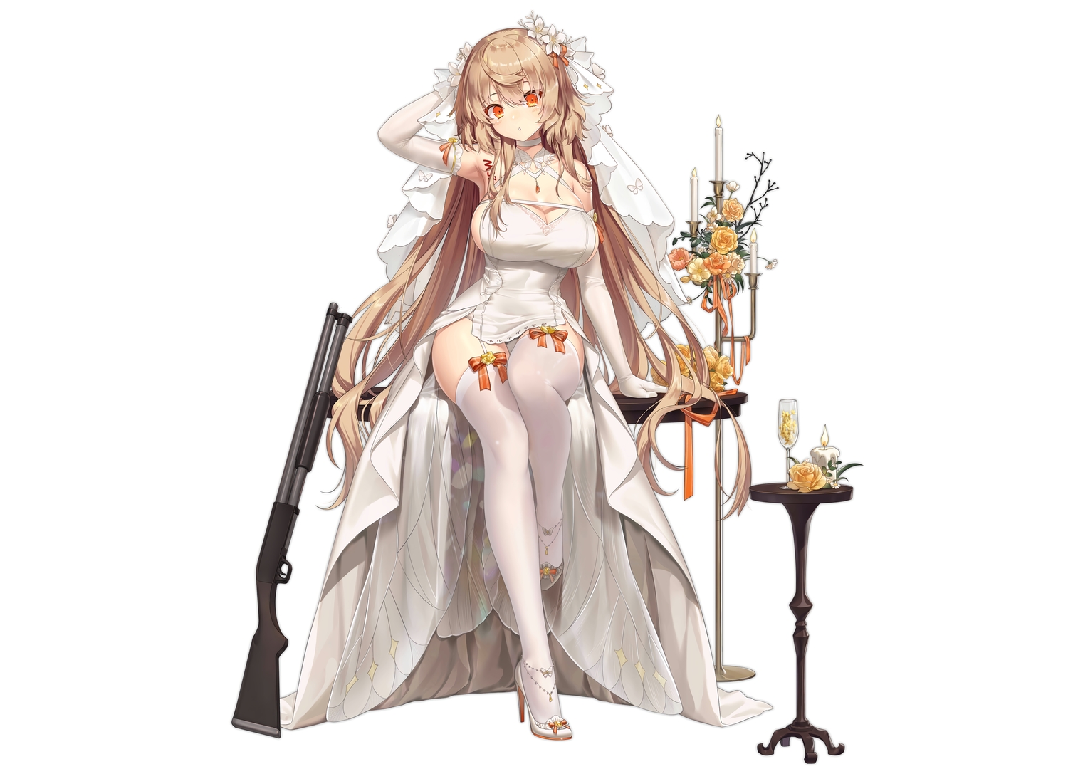anthropomorphism, breasts, brown_hair, cleavage, drink, elbow_gloves, flowers, garter_belt, girls_frontline, gloves, gun, haneru, long_hair, m37_(girls_frontline), rose, stockings, third-party_edit, weapon, wedding_attire, white