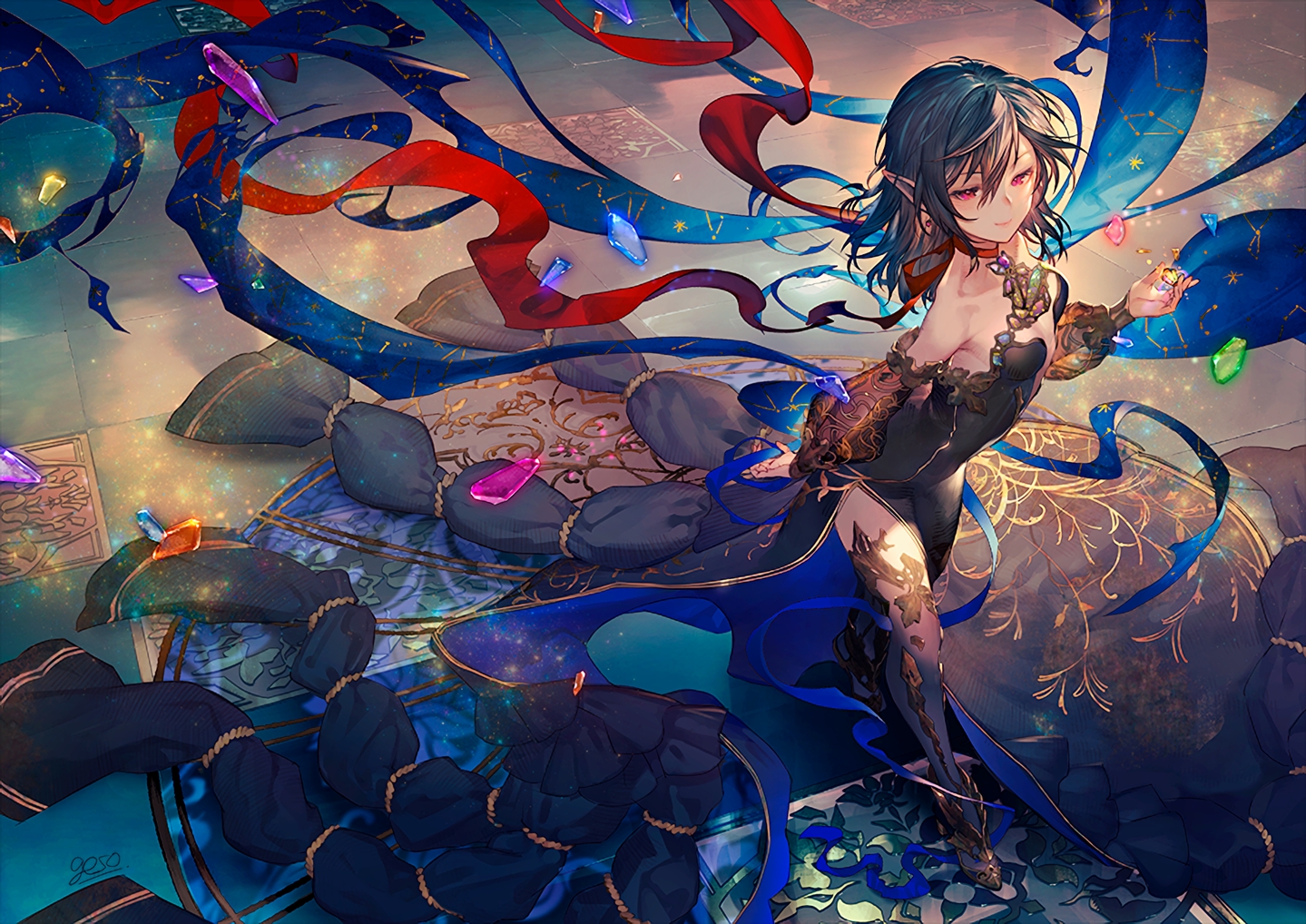 black_hair, choker, dress, original, pink_eyes, pointed_ears, ribbons, short_hair, signed, thighhighs, umiu_geso, waifu2x