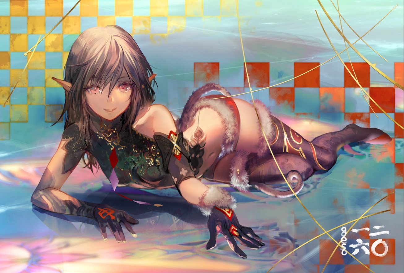 boots, gloves, gray_hair, long_hair, navel, original, pointed_ears, red_eyes