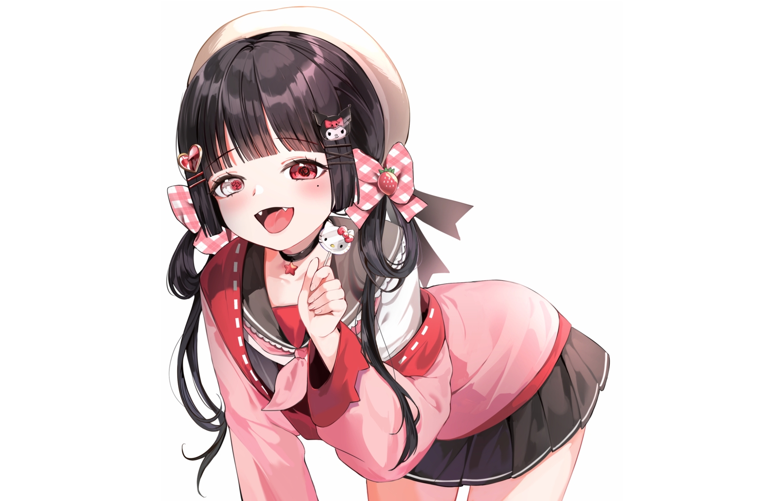 bicolored_eyes, black_hair, bow, choker, fang, hat, hello_kitty_(character), kuromi