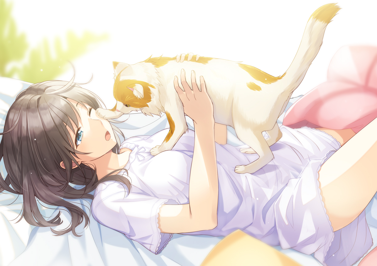 animal, brown_hair, cat, long_hair, mono_lith, original, wink