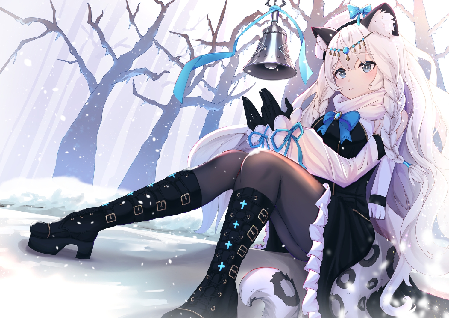 animal_ears, arknights, bell, braids, catgirl, gloves, lankuchashuangjielong, long_hair, pantyhose, pramanix_(arknights), snow, tail, tree, white_hair