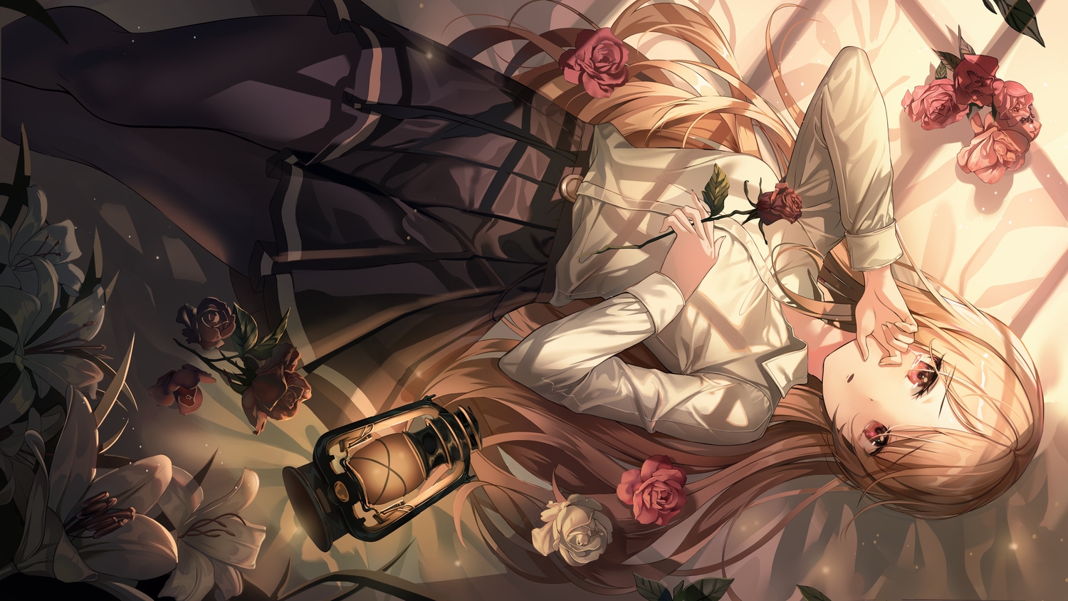 brown_hair, flowers, harusame_(user_wawj5773), long_hair, original, pantyhose, red_eyes, rose, shirt, skirt