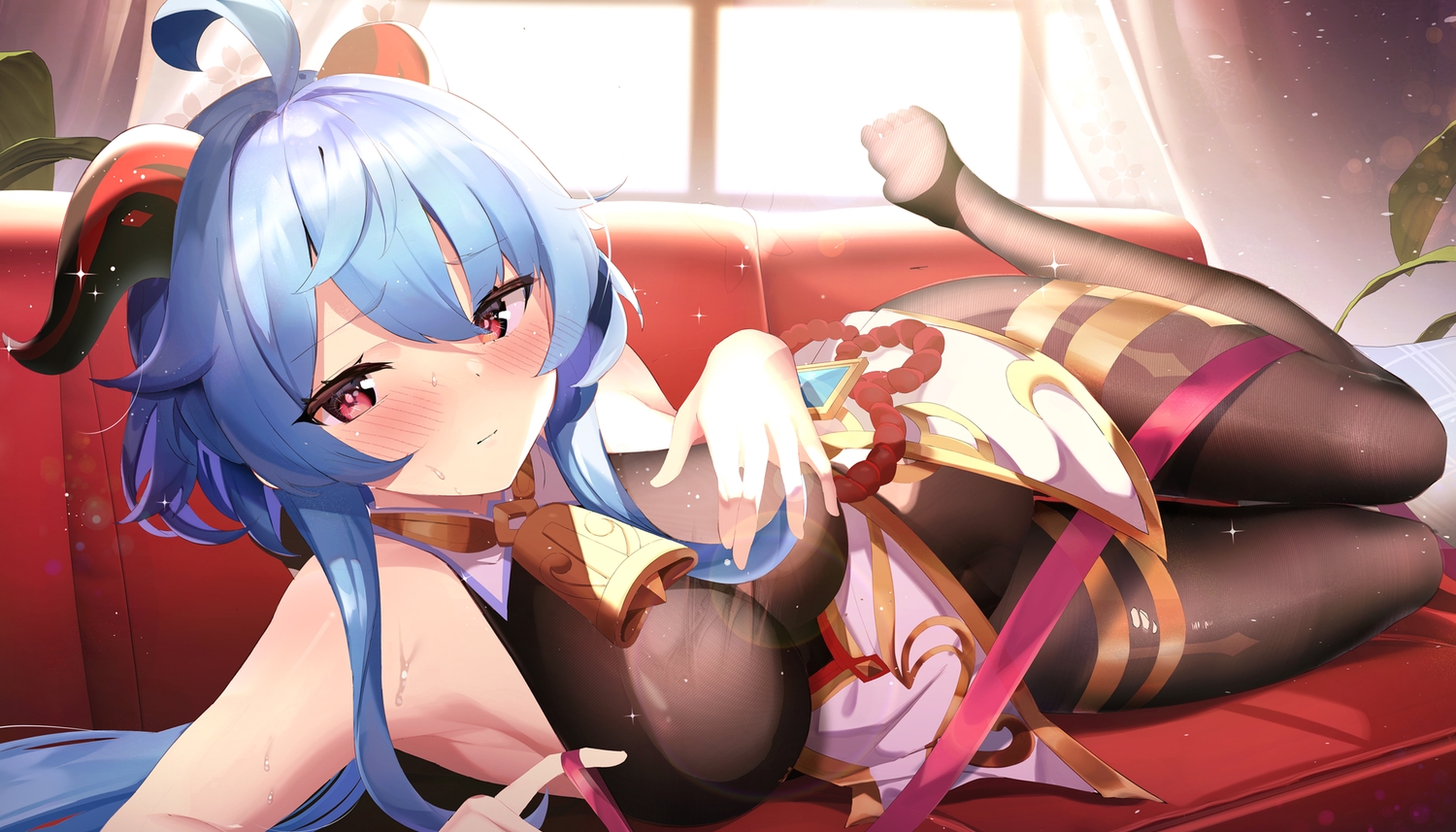 aqua_hair, bell, blush, breast_hold, couch, fantongjun, ganyu_(genshin_impact), genshin_impact