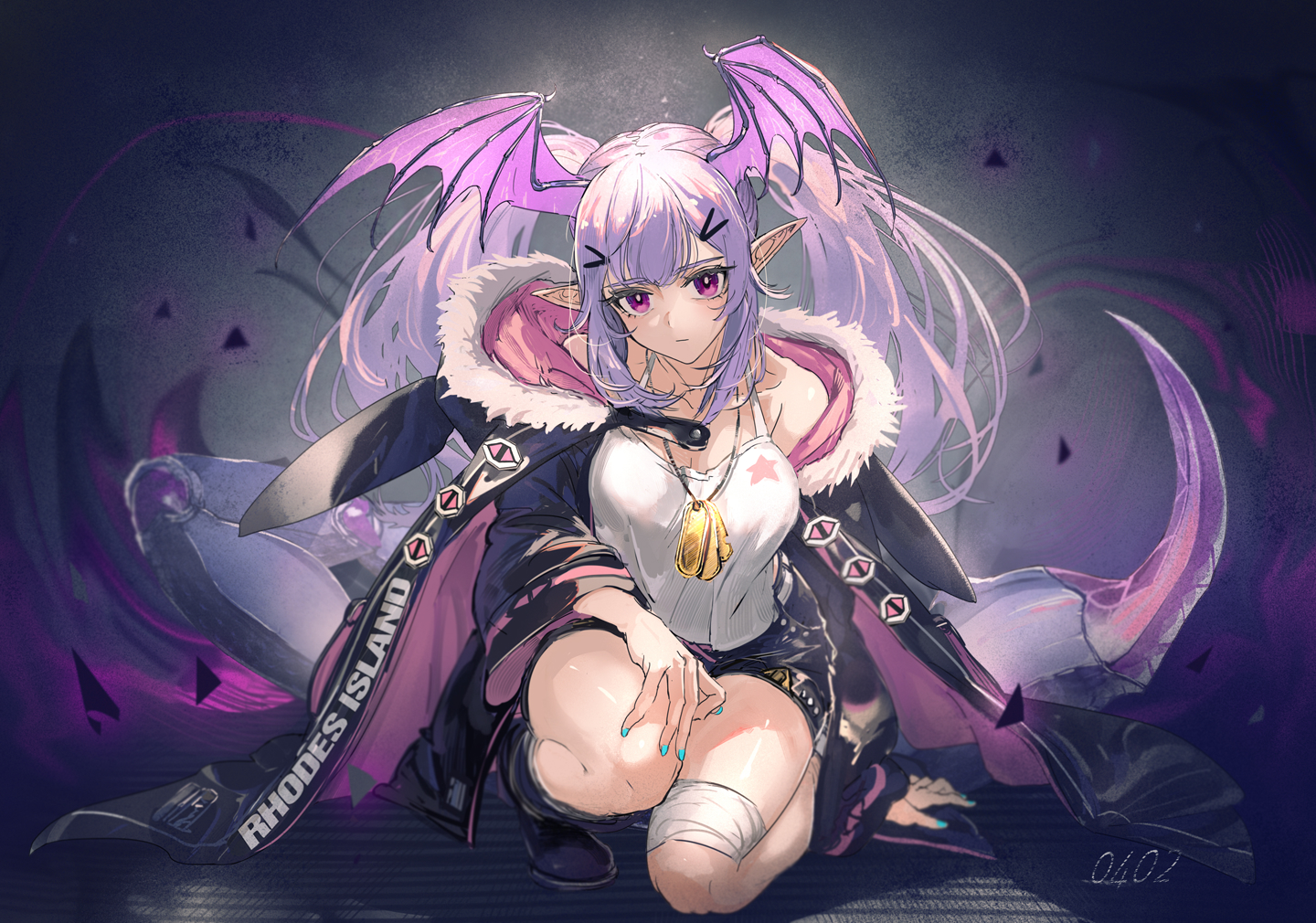 arknights, long_hair, manticore_(arknights), pink_hair, pointed_ears, purple_eyes, ryuuzaki_ichi, tail