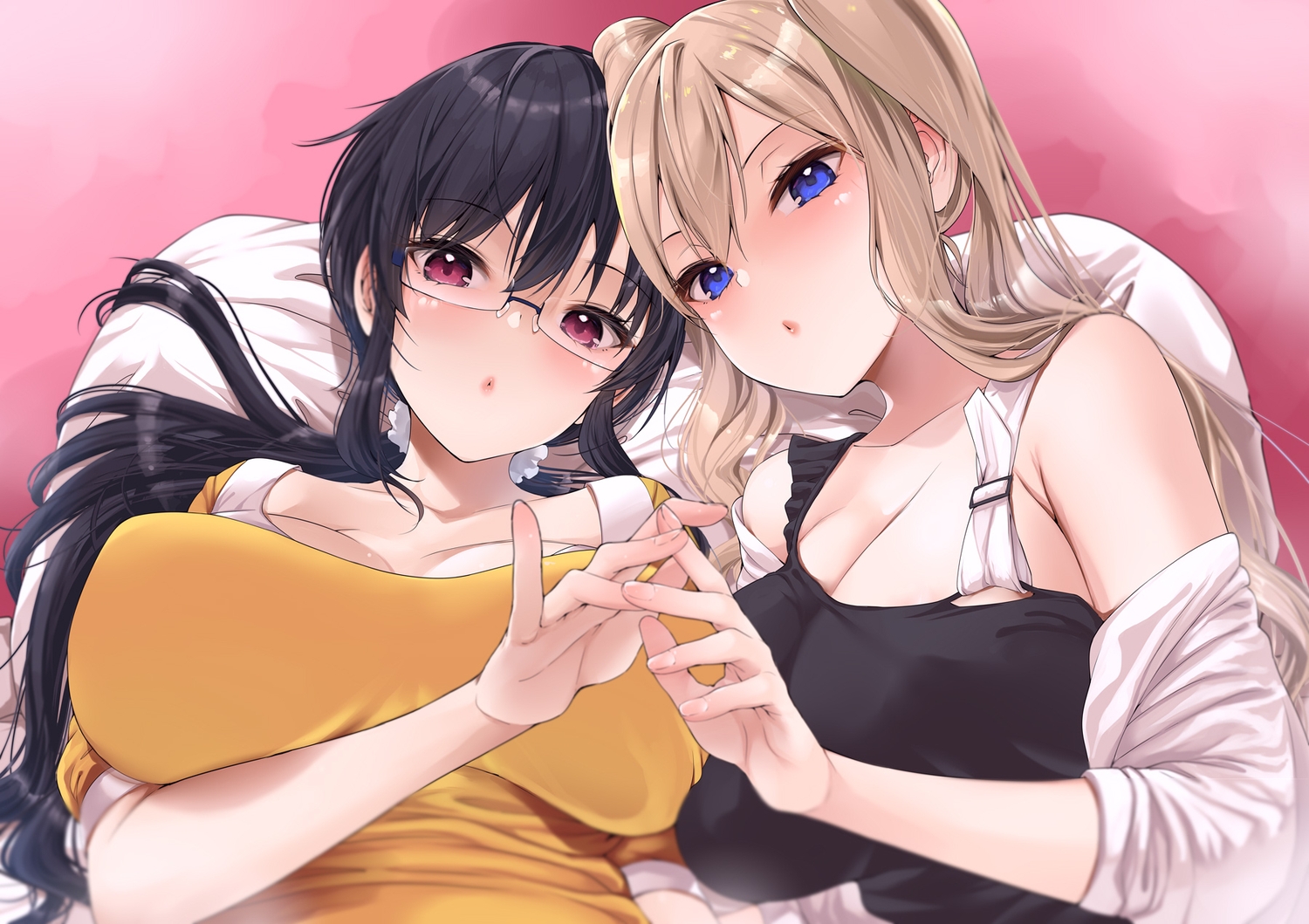 2girls, amasora_taichi, black_hair, blue_eyes, blush, brown_hair, close, glasses