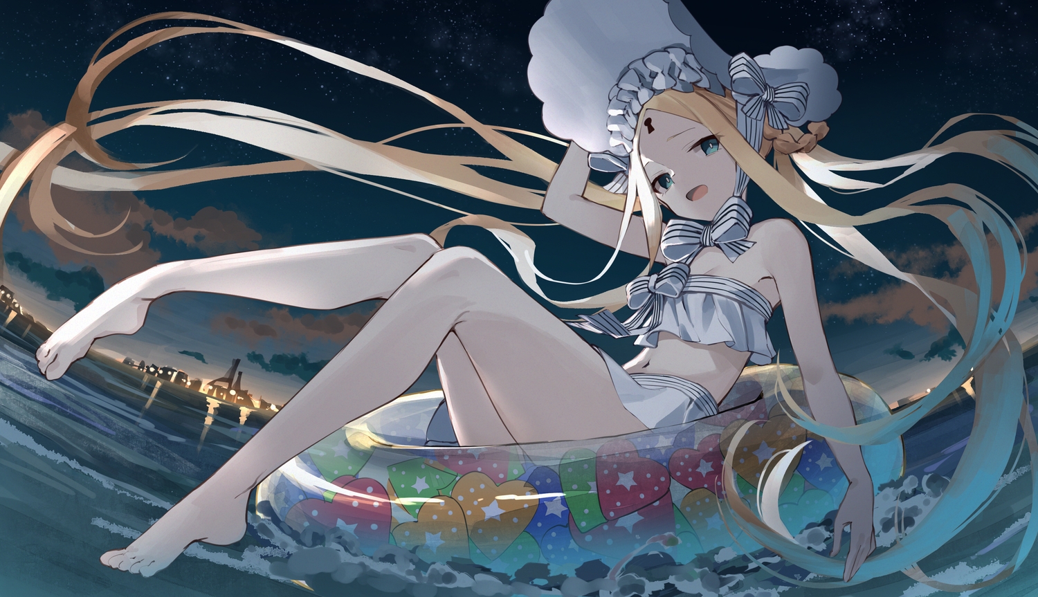abigail_williams_(fate/grand_order), amagasa_yun, barefoot, bikini, fate/grand_order, fate_(series), loli, long_hair, night, stars, swim_ring, swimsuit, twintails, water