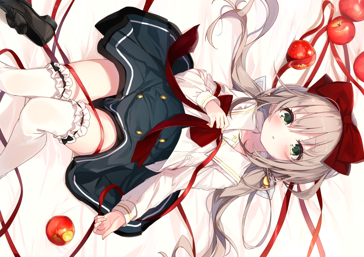 apple, blush, bow, brown_hair, emia_(castilla), food, fruit, green_eyes, loli, long_hair, original, ribbons, school_uniform, skirt, thighhighs, twintails, zettai_ryouiki