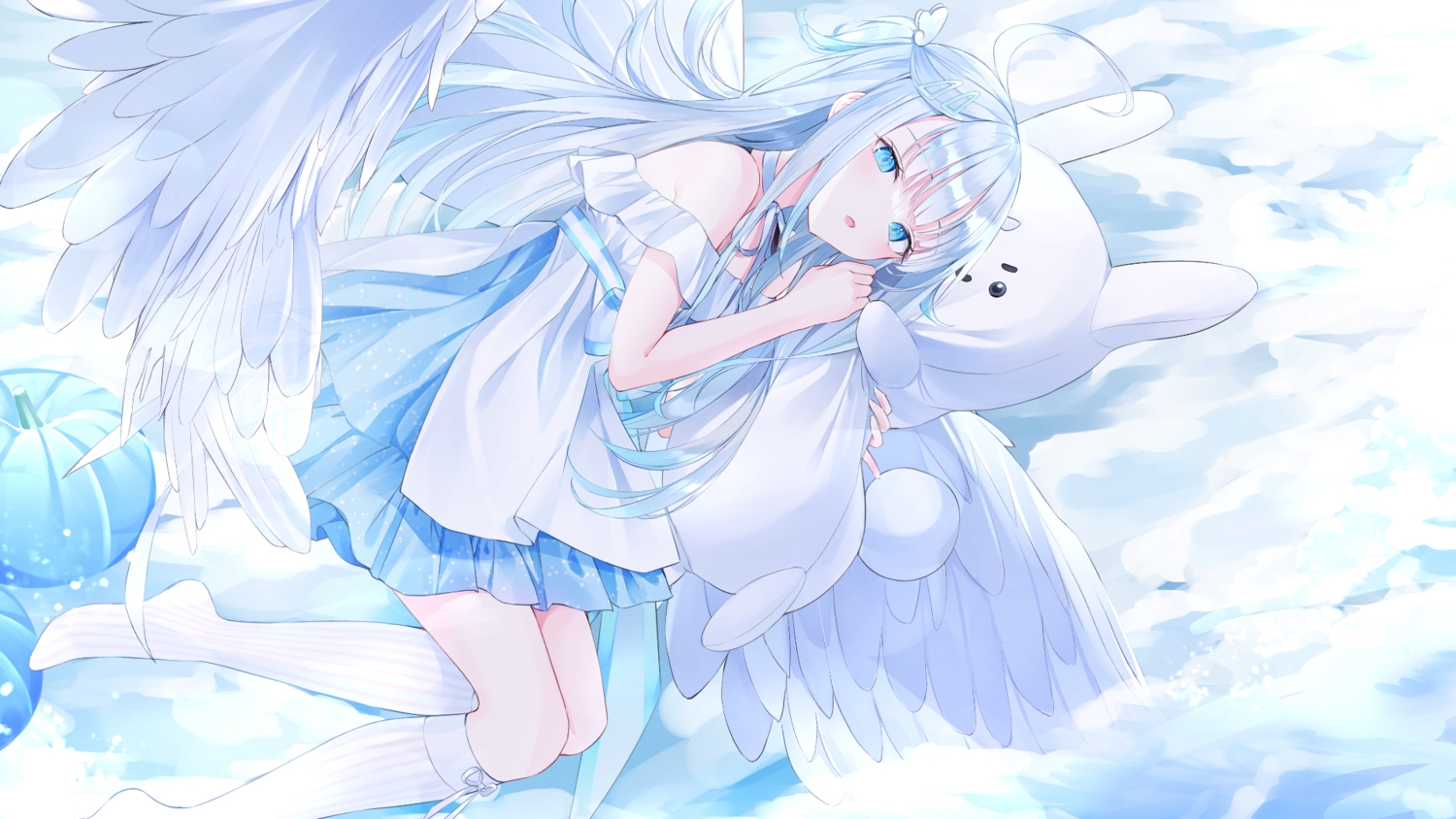 aliasing, amatsuka_uto, angel, blue_eyes, bunny, clouds, dress, kneehighs