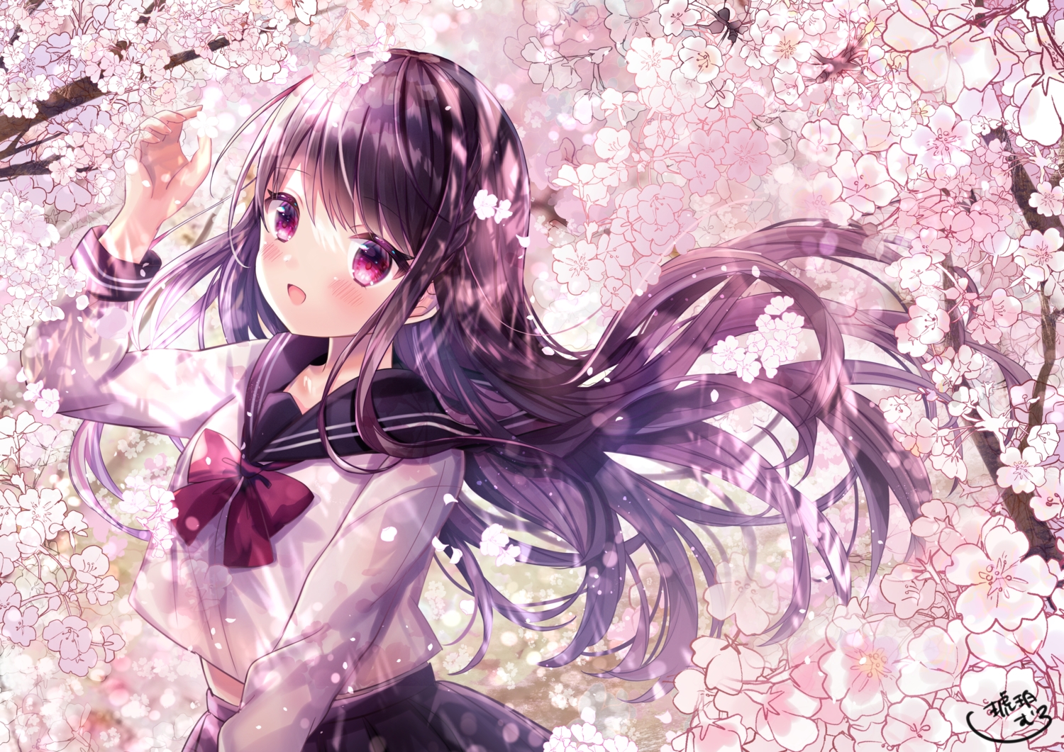 blush, cherry_blossoms, flowers, kohaku_muro, long_hair, original, purple_eyes, purple_hair