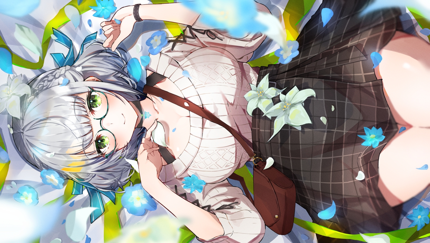 braids, flowers, furuki_ayaginutaira, glasses, gray_hair, hololive, shirogane_noel, skirt