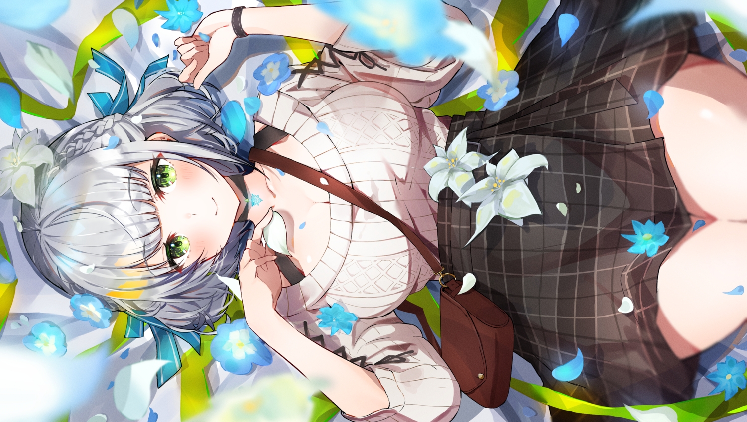 braids, flowers, furuki_ayaginutaira, gray_hair, hololive, shirogane_noel, skirt
