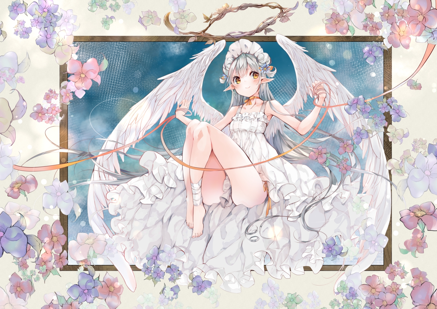 barefoot, blush, flowers, gray_hair, halo, long_hair, original, pointed_ears