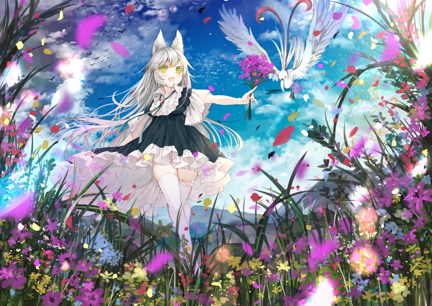 animal, animal_ears, bird, clouds, fang, flowers, gray_hair, green_eyes