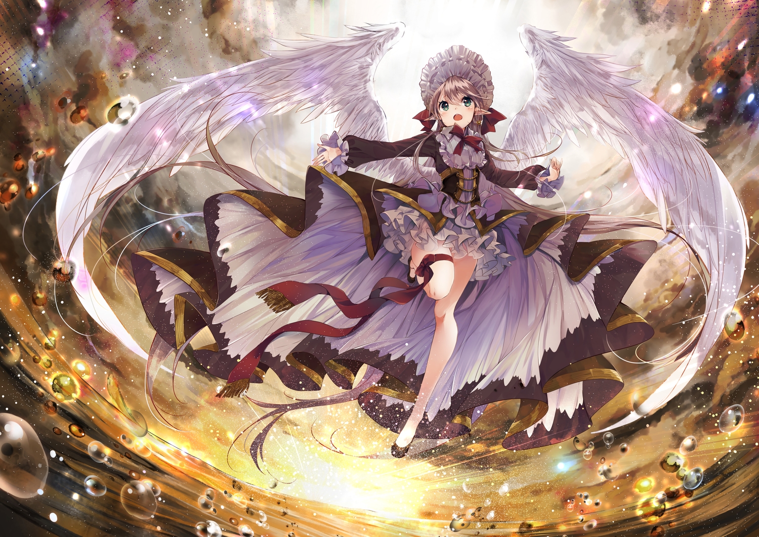 brown_hair, clouds, feathers, garter, goth-loli, green_eyes, headdress, lolita_fashion, long_hair, original, pointed_ears, sky, sunset, umi_no_mizu, water, wings