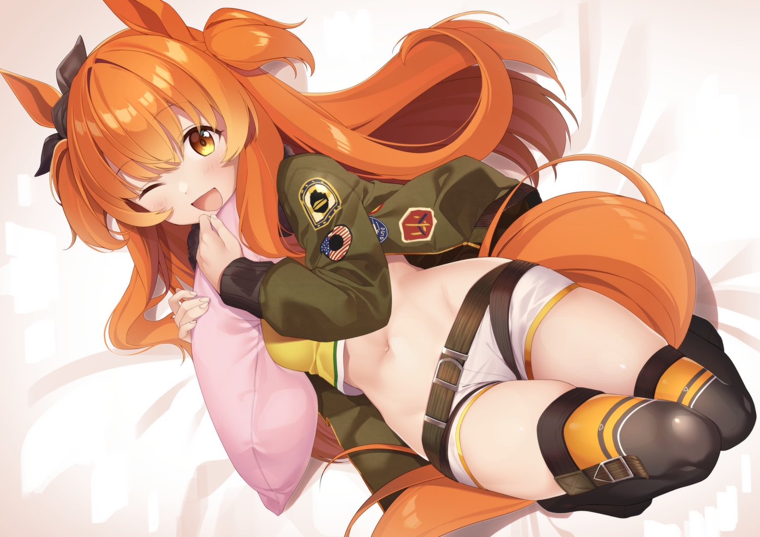 animal_ears, anthropomorphism, long_hair, mayano_top_gun_(umamusume), navel, orange_hair, partner_(kprtnr), shorts
