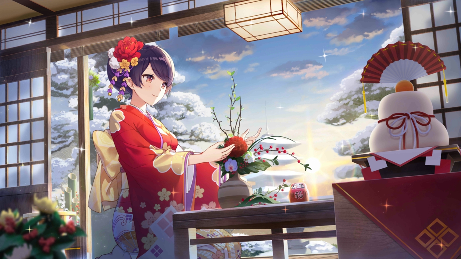 blush, brown_eyes, clouds, flowers, girl_cafe_gun_(game), japanese_clothes, kimono, purple_hair