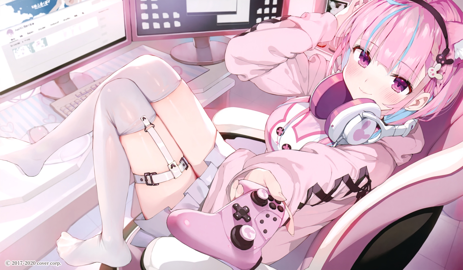 animal_ears, blush, catgirl, computer, cropped, gaou_(umaiyo_puyoman), garter, headphones