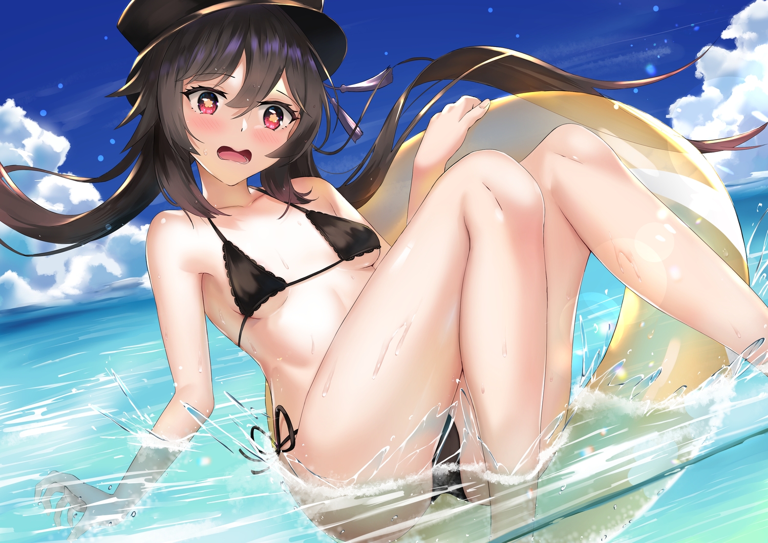 ass, bikini, black_hair, blush, clouds, genshin_impact, hu_tao_(genshin_impact), long_hair, red_eyes, skai_kun, sky, swimsuit, underboob, water