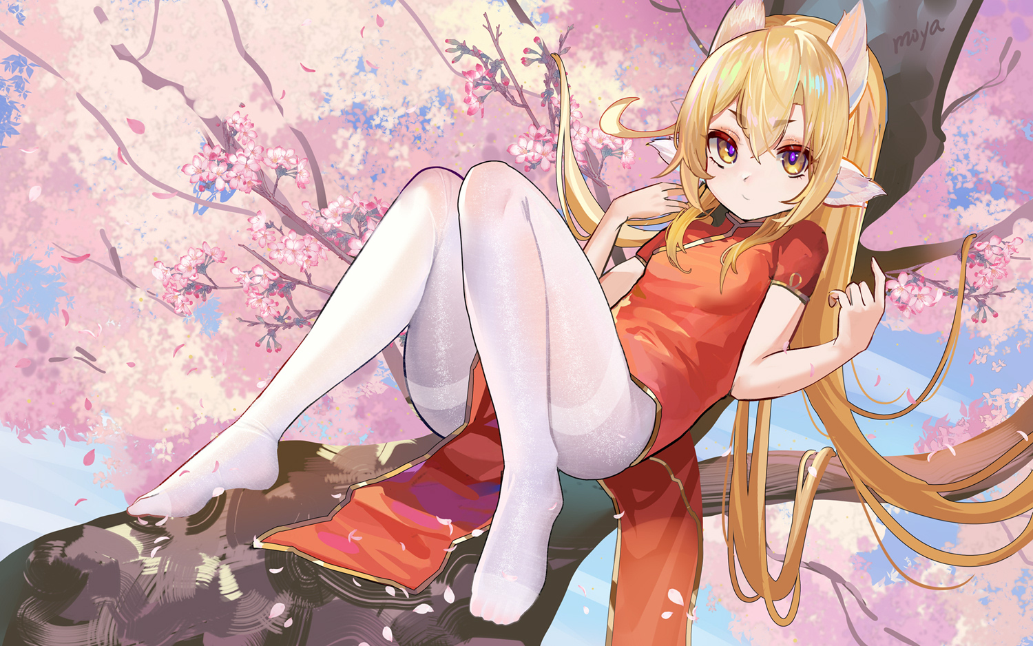 animal_ears, blonde_hair, cherry_blossoms, chinese_clothes, chinese_dress, dress, flowers, loli