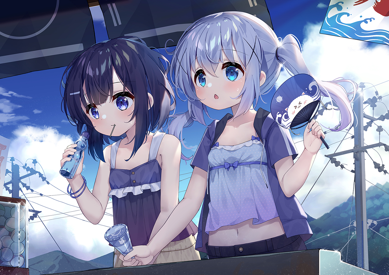2girls, aqua_eyes, black_hair, blue_eyes, clouds, drink, fan, fuiba_fuyu