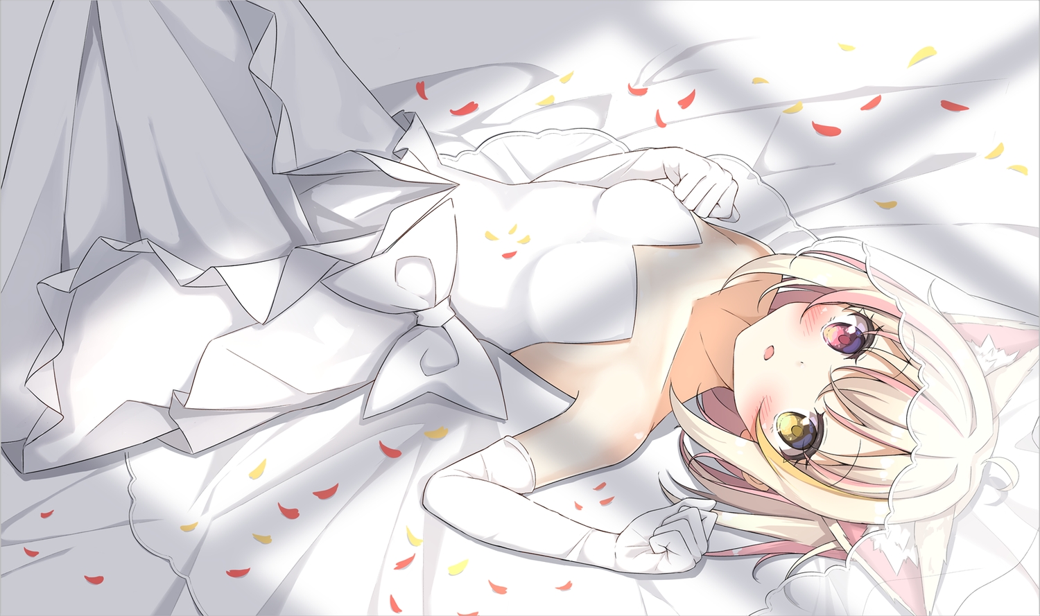animal_ears, bicolored_eyes, catgirl, elbow_gloves, gloves, headdress, huyunora, original, petals, short_hair, wedding_attire