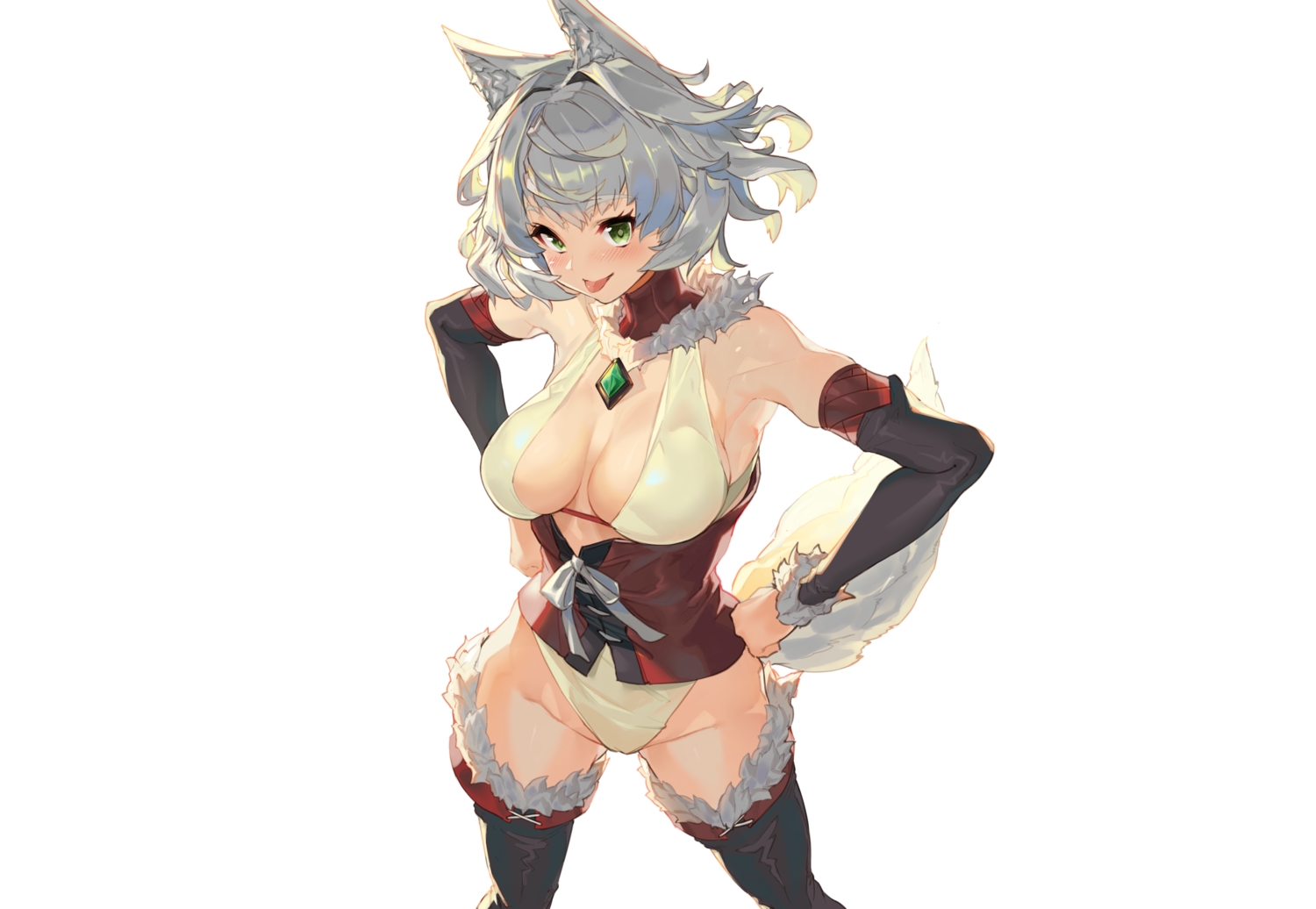 animal_ears, blush, boots, breasts, croriin, gray_hair, green_eyes, original, short_hair, tail, thighhighs, third-party_edit