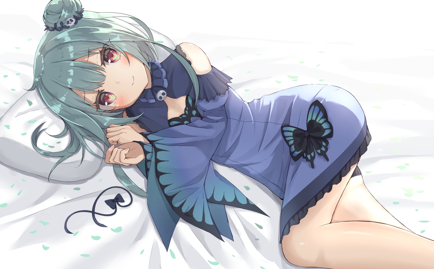 bed, blush, bow, breasts, cleavage, dress, green_hair, hololive