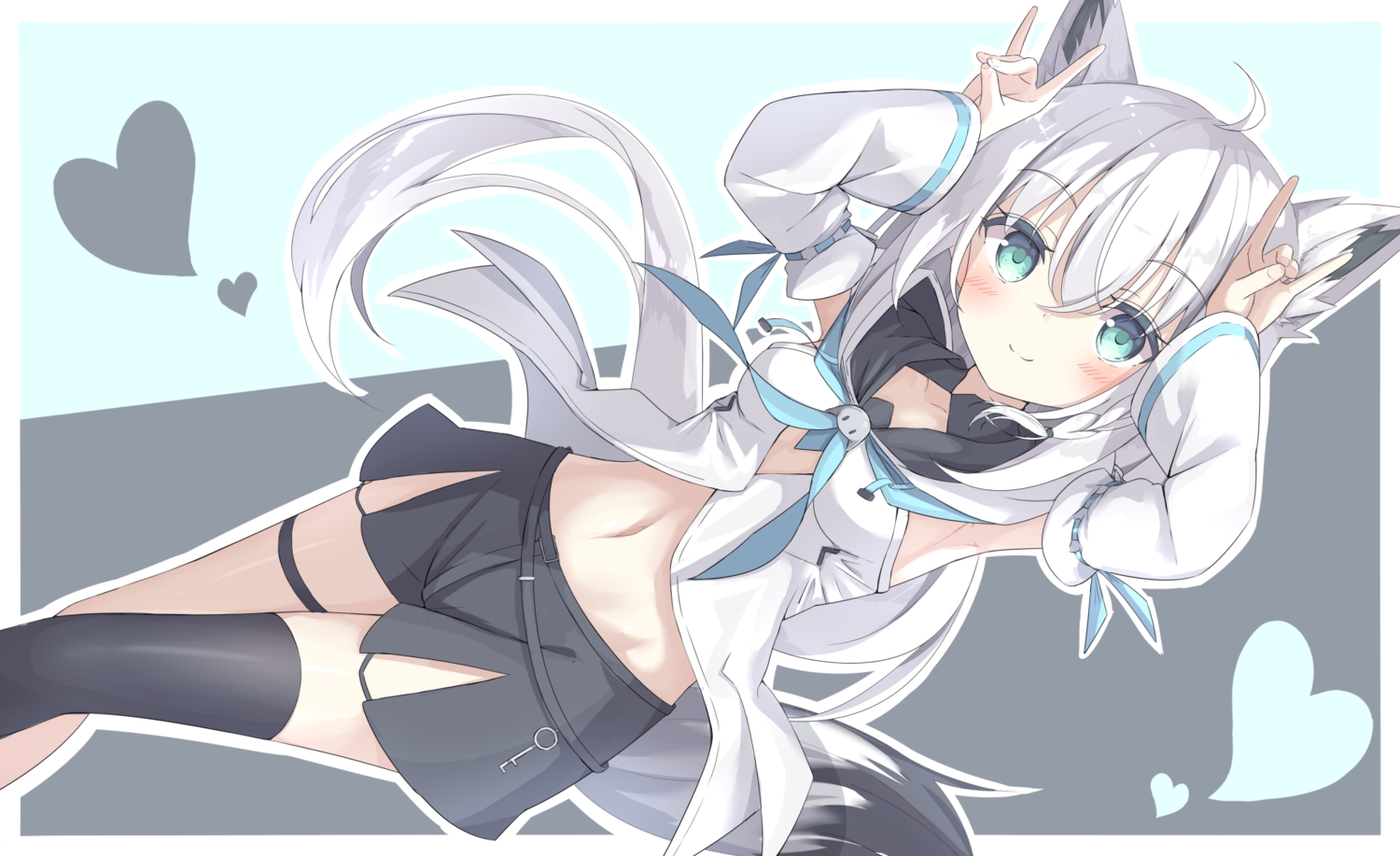 animal_ears, aqua_eyes, blush, foxgirl, garter, gray_hair, heart, hololive, huyunora, long_hair, navel, school_uniform, shirakami_fubuki, shorts, tail, thighhighs