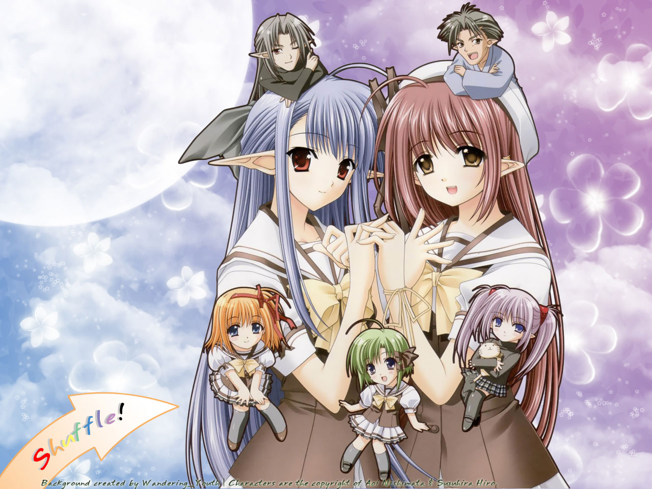 chibi, eustoma, forbesii, fuyou_kaede, lisianthus, moon, nerine, pointed_ears, primula, school_uniform, shigure_asa, shuffle