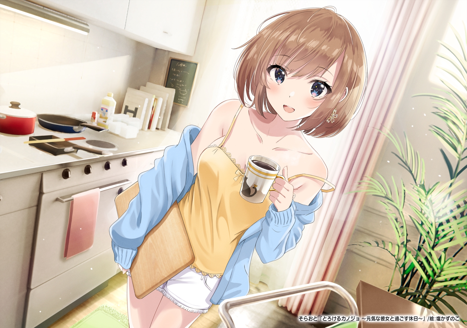 blue_eyes, blush, breasts, brown_hair, cleavage, drink, original, shiokazunoko, short_hair, shorts, watermark